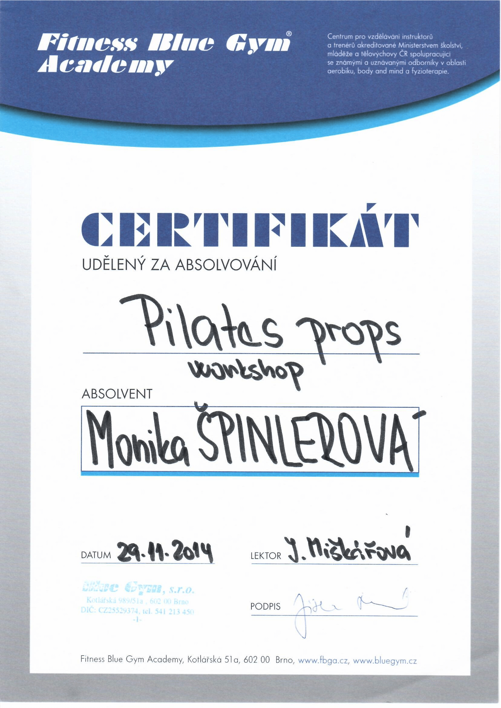 Certifikát Pilates props